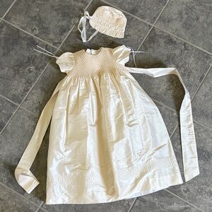 Elegant Silk Cream Dress with Bonnet